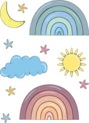 Cute Hand-Drawn Rainbow, Moon, Stars and Sun Elements