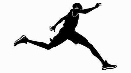 Silhouette of a basketball player in mid air jumping with outstretched arm against white background image