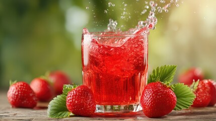 Sweet strawberry juice with ruby-red splash on a softly blurred garden backdrop under perfect lighting