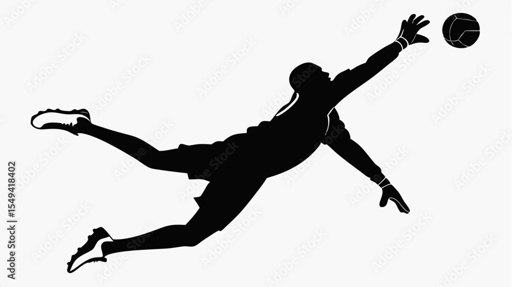 Poster silhouette of a soccer goalkeeper diving to catch a ball in a dynamic action shot on white backgroun