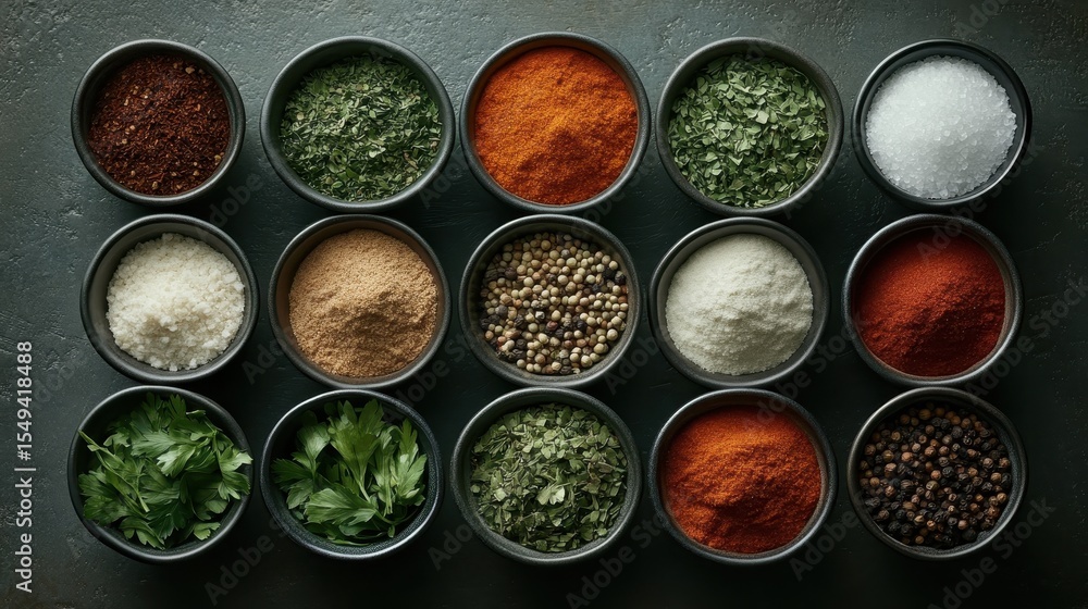 Poster a vibrant display of various spices in small bowls, showcasing an array of textures and colors, illu