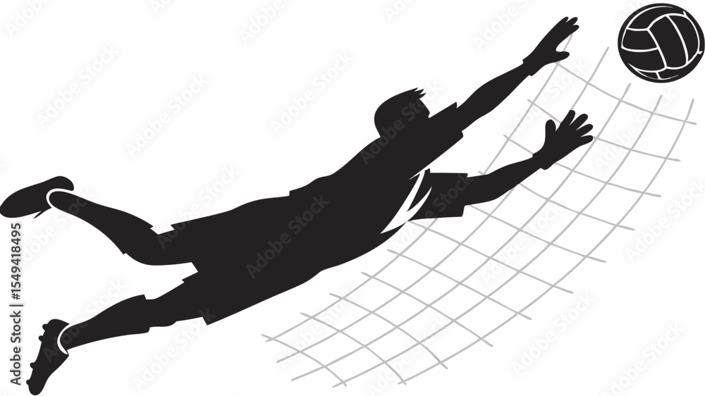 Poster silhouette of a goalkeeper diving to catch a ball near a net in a dynamic action shot design