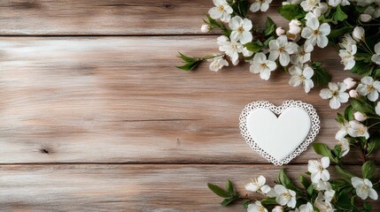 An elegant display of delicate white flowers surrounding a heart-shaped lace decoration, symbolizing love, purity, and beauty in a serene setting.