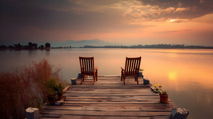 Peaceful sunset scene with two chairs on a wooden pier overlooking the calm lake waters