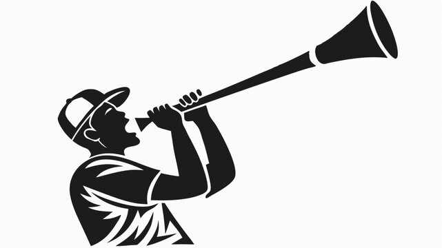 Man in cap blowing vuvuzela horn with raised arms in black silhouette against white background image