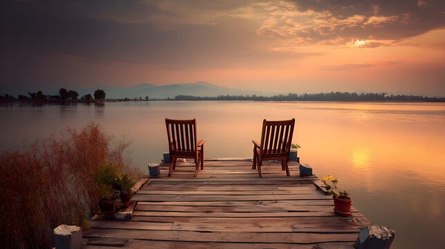 Peaceful sunset scene with two chairs on a wooden pier overlooking the calm lake waters