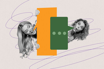 Poster trend sketch template 3D photo collage of two young lady appear comic speech box cloud...