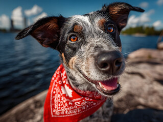 Happy Dog in Red Bandana Celebrating Canada Day Outdoors