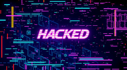 Glitch-style digital art with bold distorted {HACKED} text on laptop screen, cyber security breach concept
