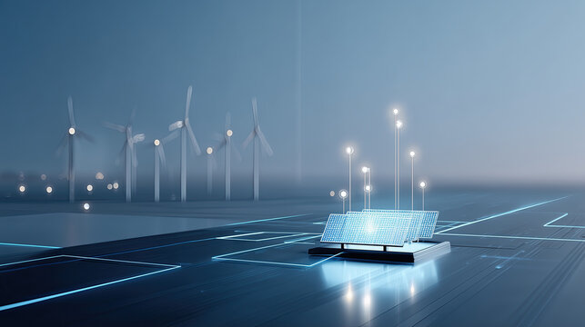 Holographic minimalistic representations of solar panels, wind turbines, and hydrogen energy plants.