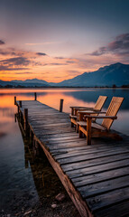 Obraz premium Tranquil serenity embraces the still lake with wooden chairs on the pier at golden hour hues nature invites relaxation in a scenic lakeside vista