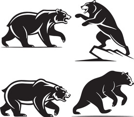 Set of four black bear silhouettes in various action poses — walking, roaring, and leaping. Great for versatile animal design projects or wildlife collections.