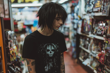 Fototapeta premium A young person with black, messy hair and tattoos on their arms, wearing a black T-shirt with a skull graphic, standing in a store aisle filled with toys and games.