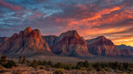 Fototapeta premium Towering red rock canyon carved by river under vivid sunset sky