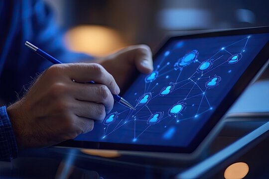A person uses a digital tablet with a network graphic overlay