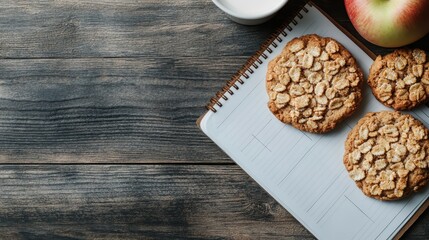 Golden-brown oatmeal cookies sit on a wooden notebook next to a fresh apple, presenting a wholesome snack image that evokes warmth and comfort in a rustic setting.