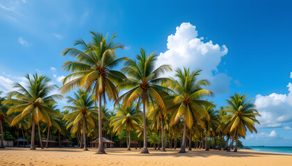 Serene beach panorama with swaying coconut palms and golden sand under bright blue sky