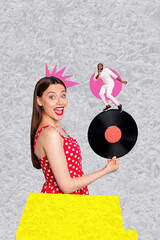 Creative artwork template sketch collage of young lady smile hold vinyl record young man stand...