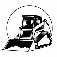 Skid steer loader vector illustration in black and white in a circle