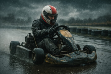 Go-kart racer speeds through soaked track under pouring rain, mud-splattered kart showcasing adrenaline, skill and motorsport challenge, generative AI