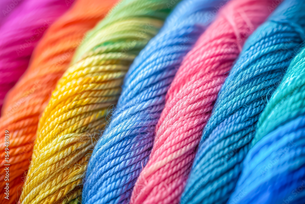 Poster row of colorful yarns are displayed