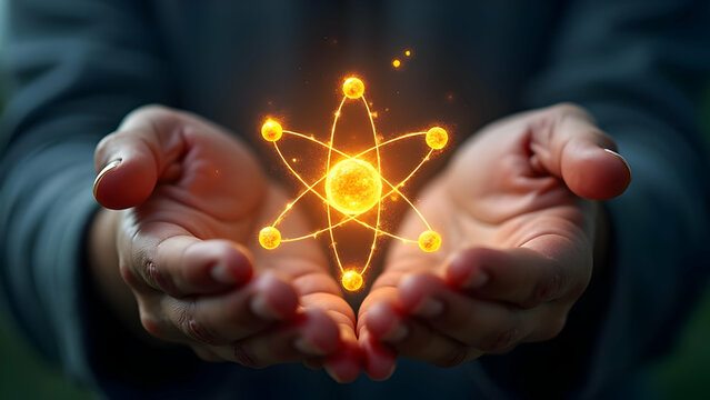 Detailed Male Hands Radiant Atom Nucleus Core