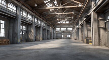 Vacant industrial warehouse interior with high ceilings and muted lighting