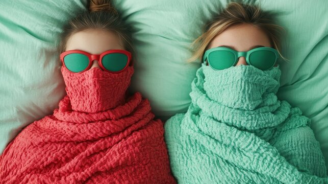 Two friends wrapped in colorful blankets with trendy sunglasses, embodying a cozy and relaxed vibe perfect for socializing and chilling together at home.