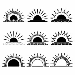 Sun rise set, sunset vector icons, sunburst rays collection