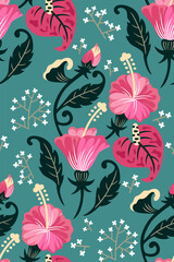 florals hibiscus Pink fabric pattern vector flat design