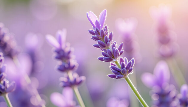Lavender flowers in bloom with water droplets in a soft sunlight  