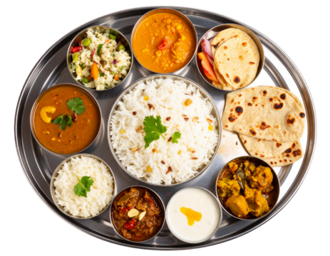  Traditional Indian Thali on Round Stainless Steel Platter, Top View, isolated on a transparent background” Prompt 1: