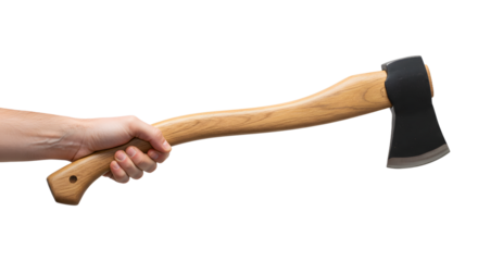 Person holding axe with wooden handle against a plain background