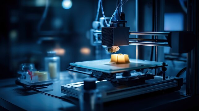3D printer creating object in high-tech laboratory environment