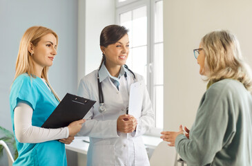 Senior woman consultation, nursing care, health of elderly people, doctor explaining, geriatric...