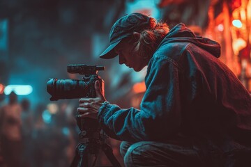 Young woman is reviewing her photos on the digital camera display outdoors during dusk, with blurry lights in the background