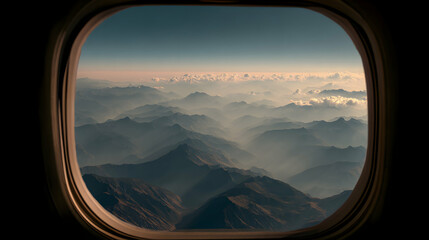 Naklejka premium Aerial view of majestic mountains from an airplane window offering a serene landscape experience