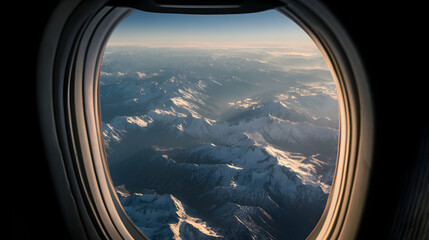 Aerial view of majestic snow capped mountain range from an airplane window on a sunny day