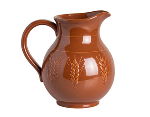 Vintage Brown Ceramic Pitcher with Embossed Wheat Pattern, Side View, isolated on a transparent background
