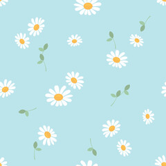 Seamless pattern with daisy flower and  seedling growth on green mint background vector. Cute floral print.
