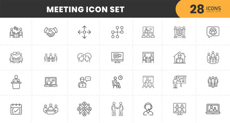  Meeting web icon set in line style. Conference, team, brainstorm, seminar, interview, collection. Vector illustration.
