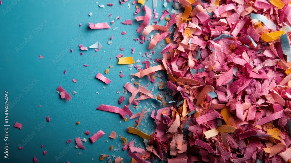 Poster a vibrant array of colorful shredded paper scattered across a bright blue background, symbolizing cr