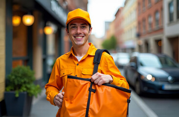 A smiling courier in an orange uniform delivers food. Smiling courier in uniform. Food delivery service. Delivery man with package. Urban courier service.