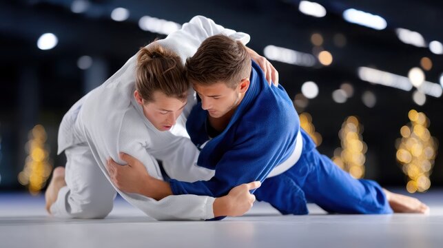 Brazilian jiu-jitsu fighters grappling on clean mat, intense technique and focus, well-lit professional training environment  - Powered by Adobe