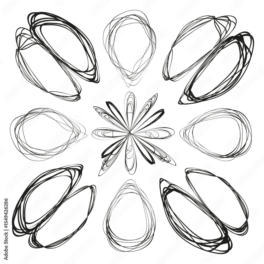 Poster abstract oval shapes. scattered rings composition. dynamic circular elements. vector line art.
