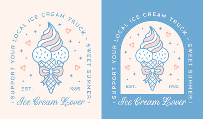 Coastal summer local ice cream truck pastel pink and blue beach aesthetic girl funny quotes shirt design. Cute cone cornet with bow girly fancy coquette sweets lover illustration poster print sticker.