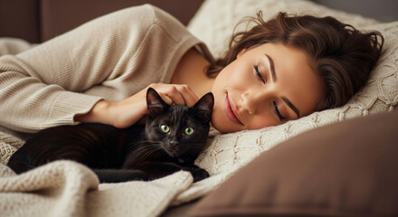 A serene woman with soft, gentle features, warm beige skin, and loose, curly brown hair, reclines on a plush, surrounded by pillows and blankets in a cosy, intimate setting(