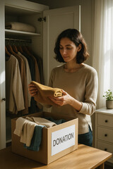 Smiling woman calmly folds sweater into donation box in tidy wardrobe, showing mindful decluttering and charitable giving, generative AI