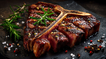 close-up  T-bone beef steak sliced with large fillet piece with herbs and salt on dark background