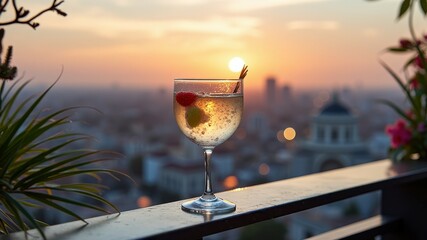 Obraz premium Elegant cocktail with sunset view on urban balcony